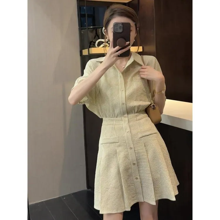法式复古领短袖条纹显瘦衬衫裙女夏季收腰气质中长款连衣裙