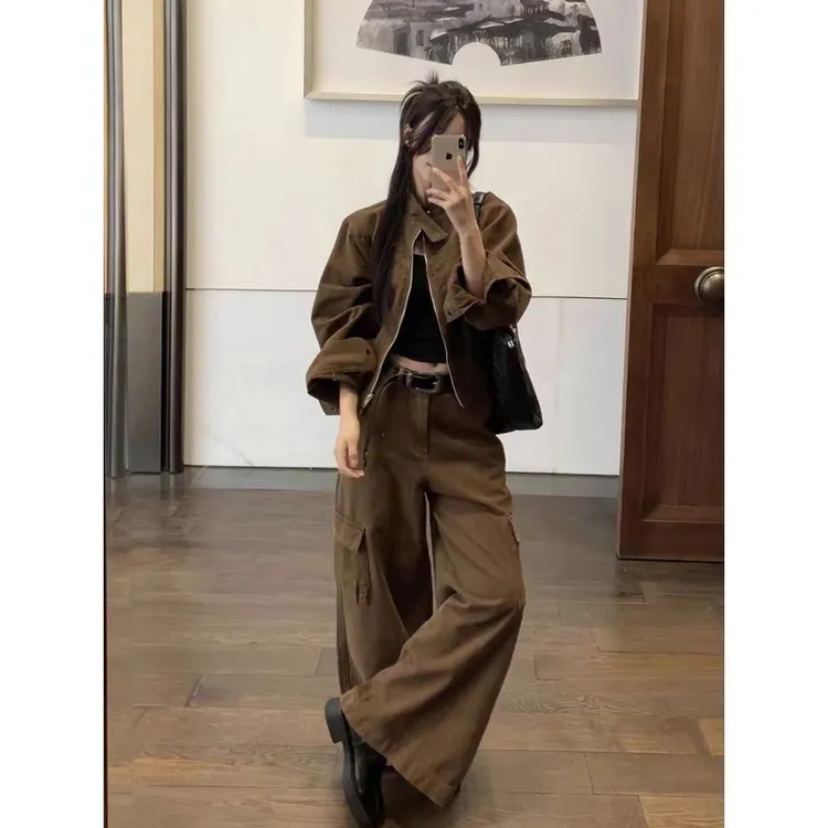 美式休闲运动套装女慵懒时尚设计感宽松显瘦立领秋装美拉德两件套