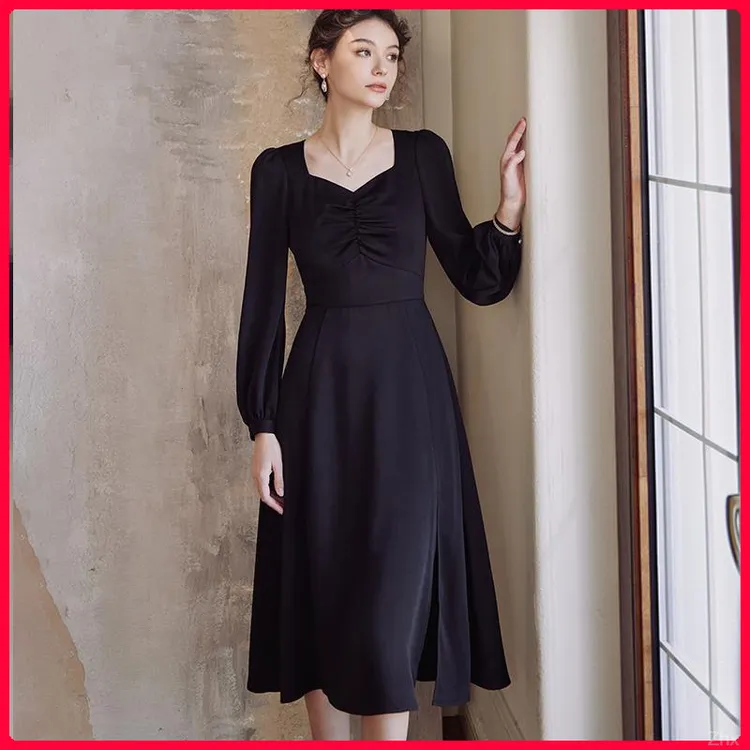 名缕优雅气质2025秋季新款优雅连衣裙女褶皱黑色大摆中长裙