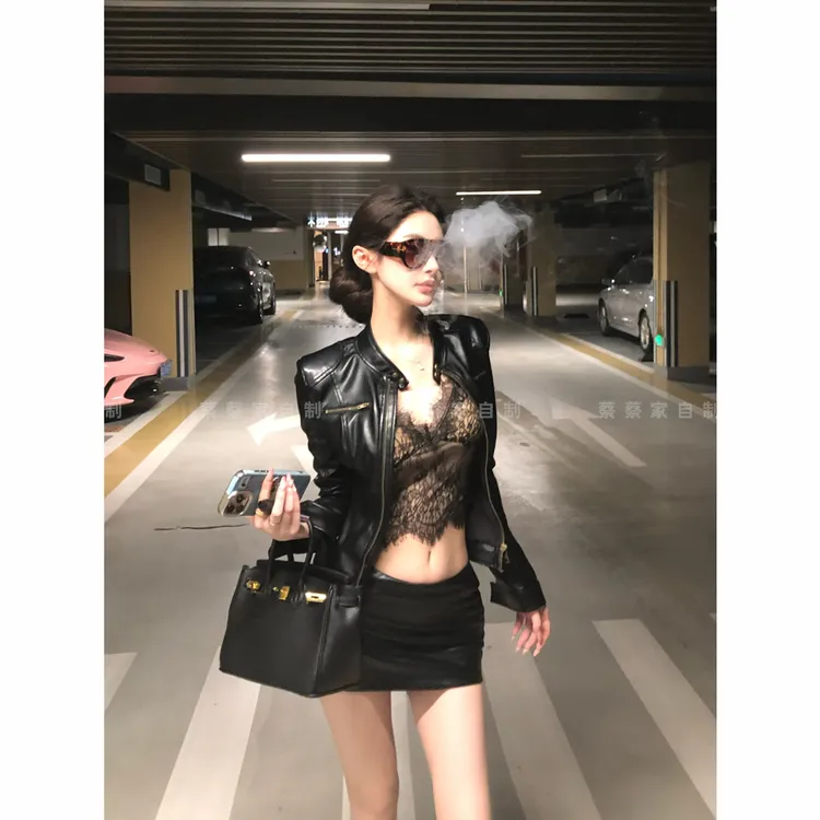 蔡蔡家「克里斯丁」性感辣妹立领修身机车皮衣外套短裙套装女2359#