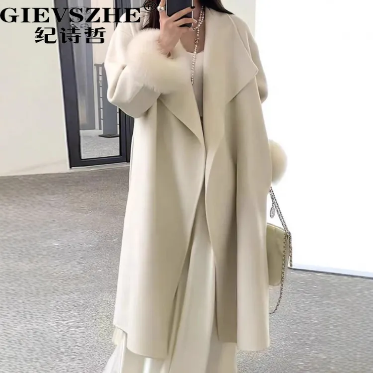纪诗哲米白色毛呢外套女款大衣女秋冬高级感百搭羊绒气质宽松外套