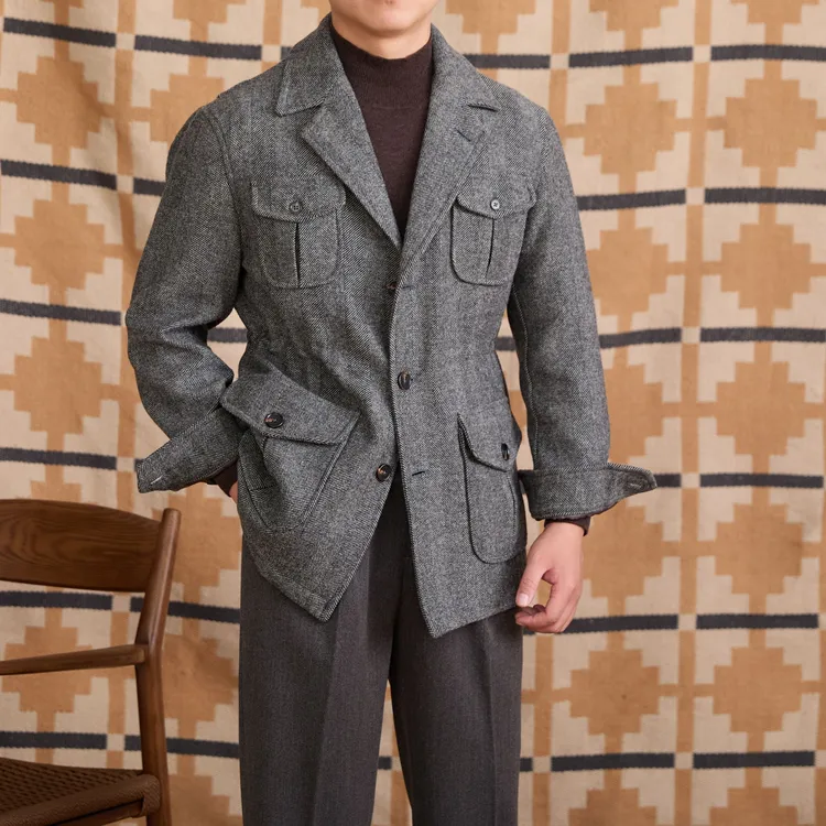 西格Xg【复古人字纹】100%羊毛复古英伦风猎装夹克6597-1