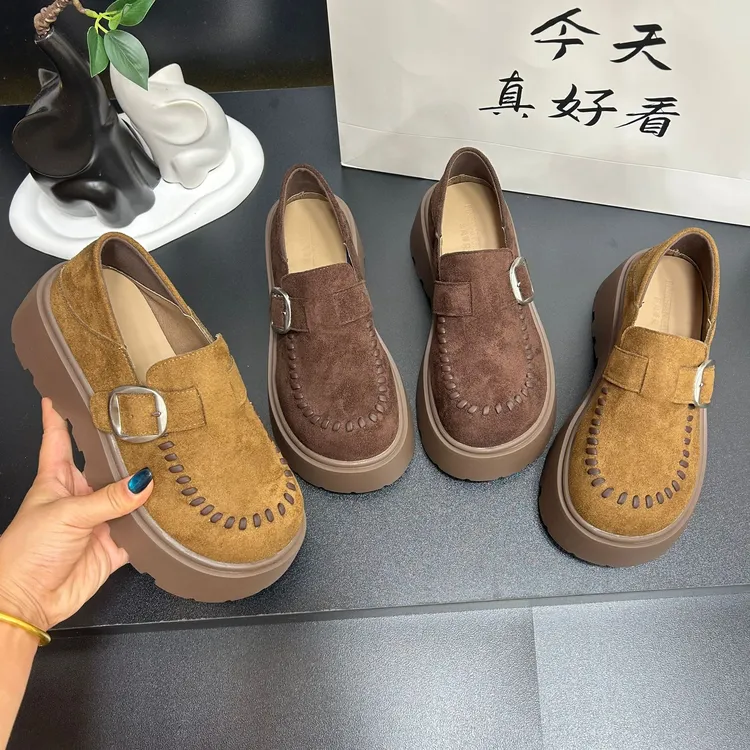 复古松糕厚底乐福单鞋女2025秋季新款全包勃肯鞋小个子棕色小皮鞋