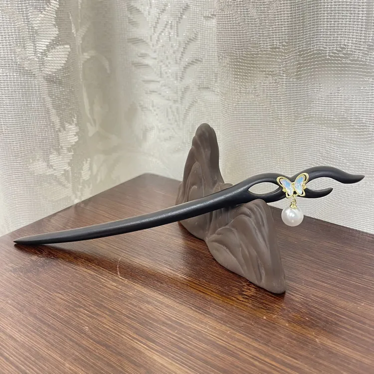 18厘米黑檀木发簪天蓝蝴蝶簪简约清新精致日常百搭发簪
