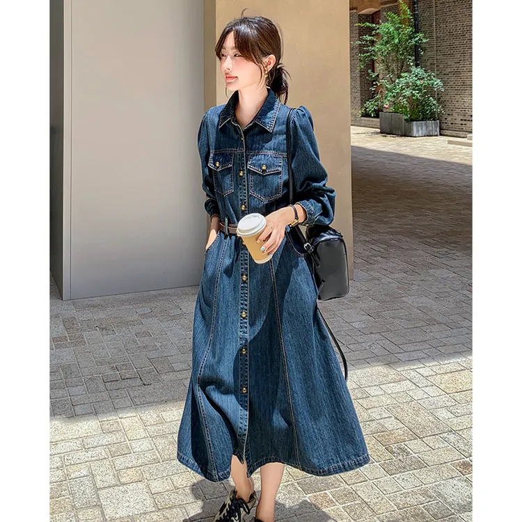 港味复古蓝色牛仔连衣裙女中长款2025秋装新款收腰显瘦长袖衬衫裙