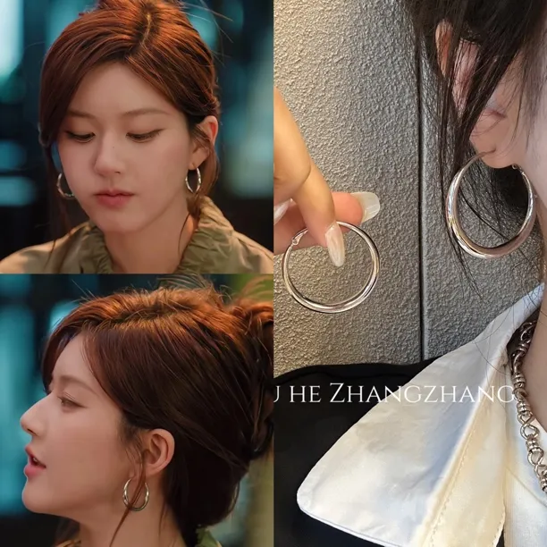 925银耳饰 许妍同款925银针欧美风银色耳环冷淡风素圈高级大耳圈