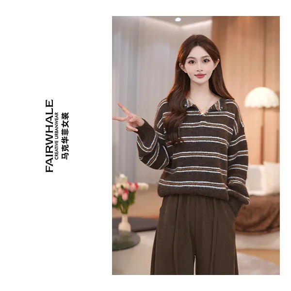 马克华菲冬季女秋冬插肩袖条纹宽松型长袖毛针织衫FW25H695 qq