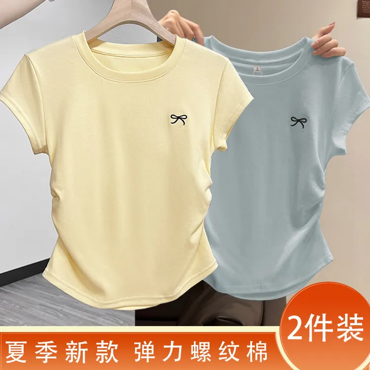 2025新款夏季棉质圆领褶皱收腰显瘦短袖t恤女修身显瘦短款小上衣