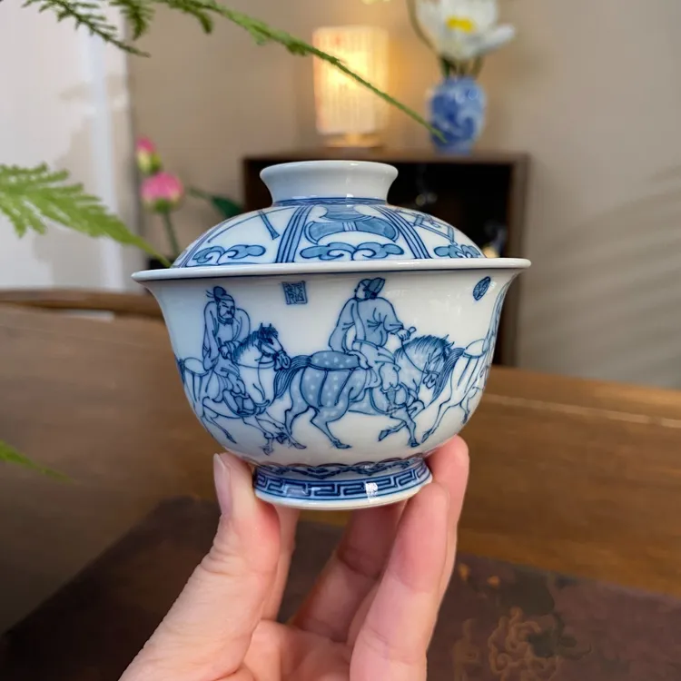 【记石柴窑】五王醉归图盖碗 景德镇纯手工手绘茶器茶具