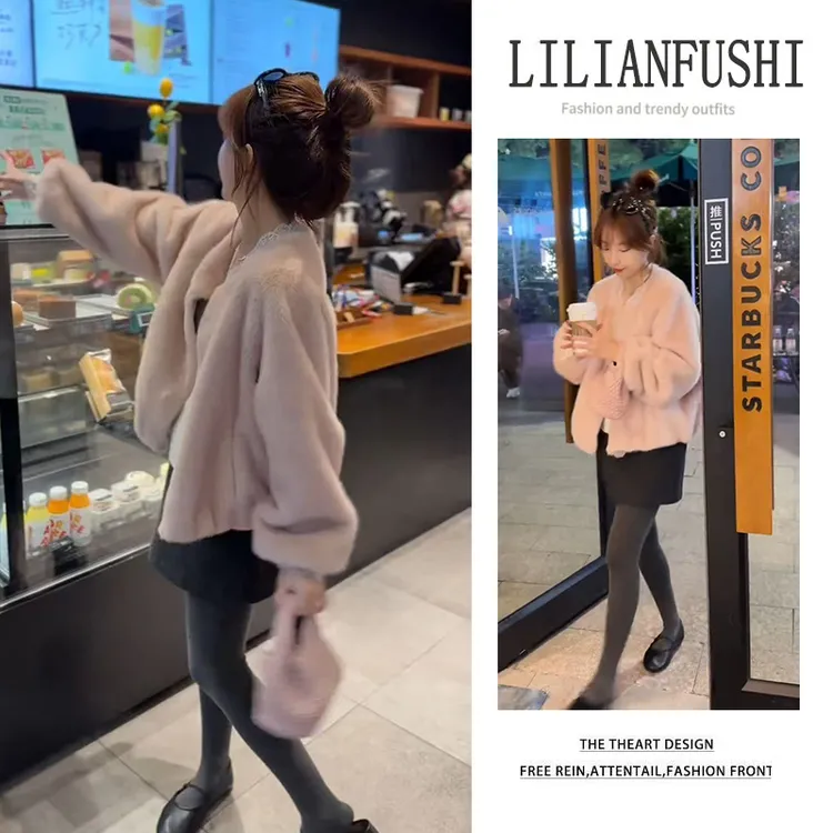 冬季温柔系穿搭女2025新款打底衫温柔粉色外套休闲短裙气质三件套