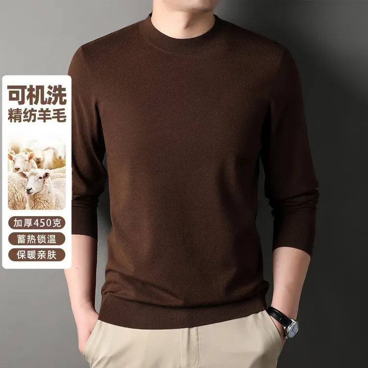 【450克含羊毛】【精纺可机洗】冬季男士高档精纺半高领针织毛衣休闲