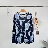 C027新款时尚印花圆领字母长袖修身型渐变T恤植物花卉常规防晒