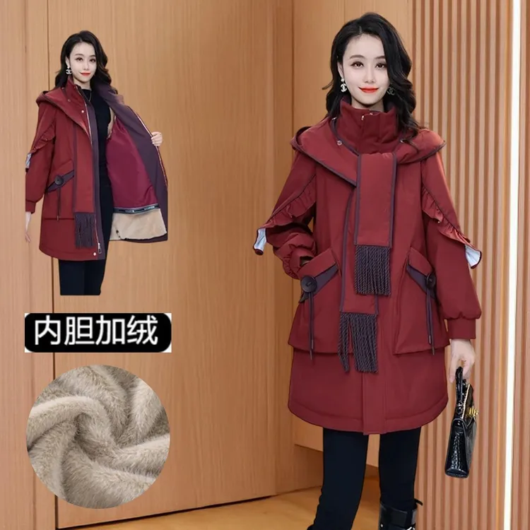 品牌红色中长款高级连帽外套女2025秋冬新款收腰气质名媛爆款大衣