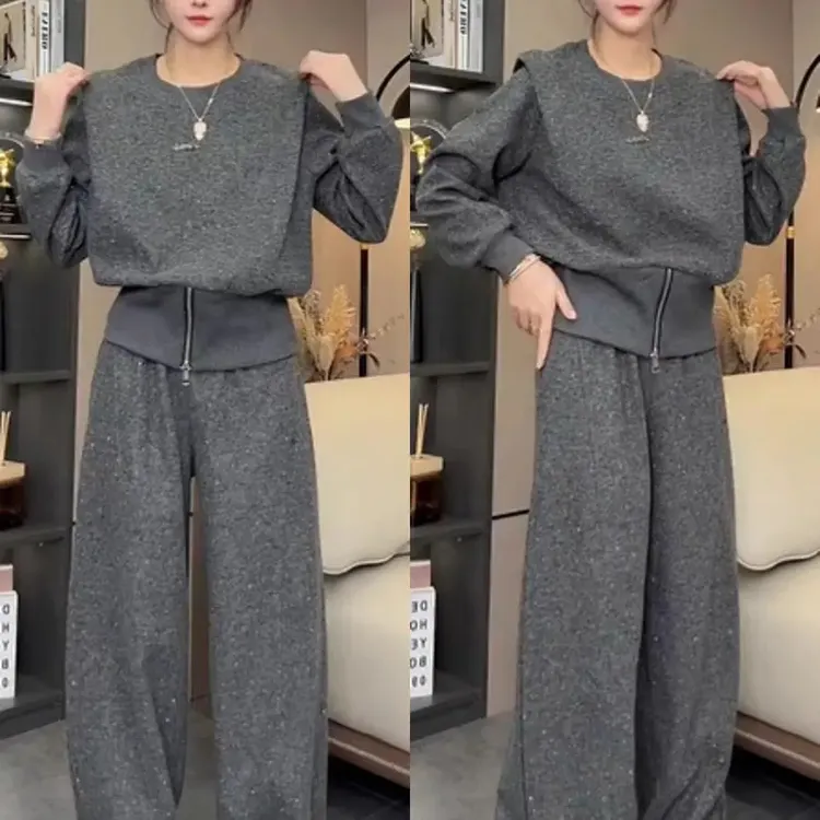 秋冬时尚显瘦气质网红高档洋气百搭宽松大码上衣搭直筒长裤套装
