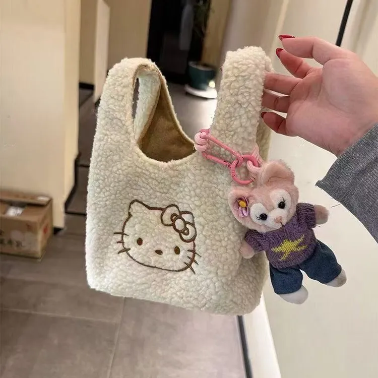 2025秋冬羊羔毛小菜篮手拎包学生可爱风kitty刺绣简约风百搭爆款