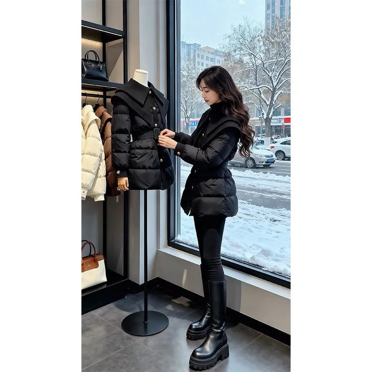 【墨漆光羽】针织连帽拼接棉服女2026年秋冬季蓬松版型简约外套潮