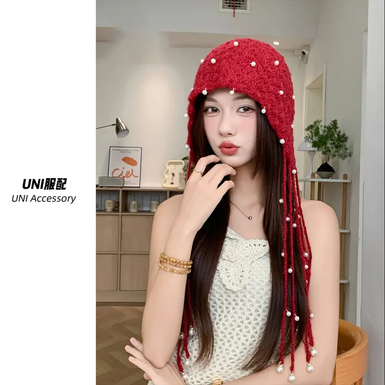 镂空珍珠流苏吊坠包头帽女夏百搭显脸小针织套头帽复古民族风帽子