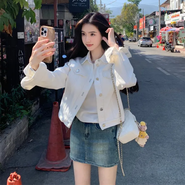 春季新款白色牛仔短款外套女2025年韩版宽松休闲百搭春秋夹克上衣