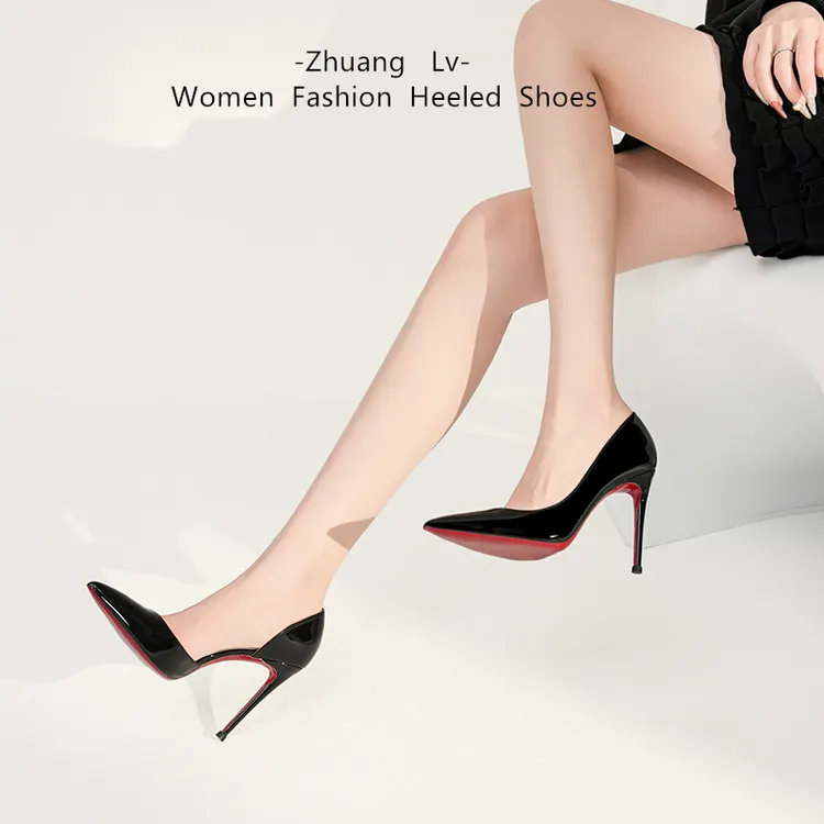 红底高跟鞋女2025年新款性感漆皮尖头侧空裸色单鞋女细跟单鞋女