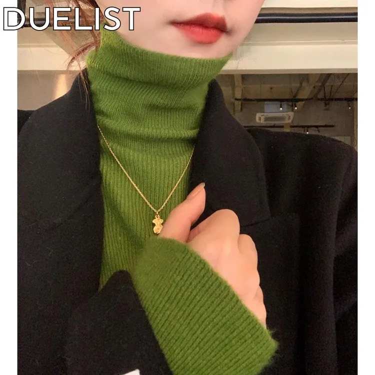 DUELIST秋冬牛油果绿堆堆高领打底毛衣女内搭针织衫洋气绿色上衣