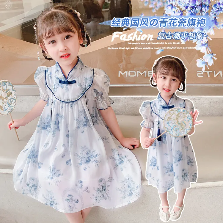 洋气儿童休闲潮流童装女童夏季新款雪纺裙短袖连衣裙青花瓷旗袍裙