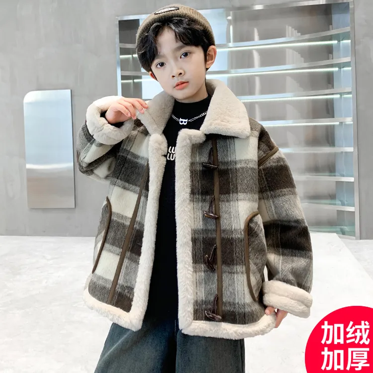 儿童装中大童男童冬季加绒防风格子外套2025新款男孩帅气保暖休闲