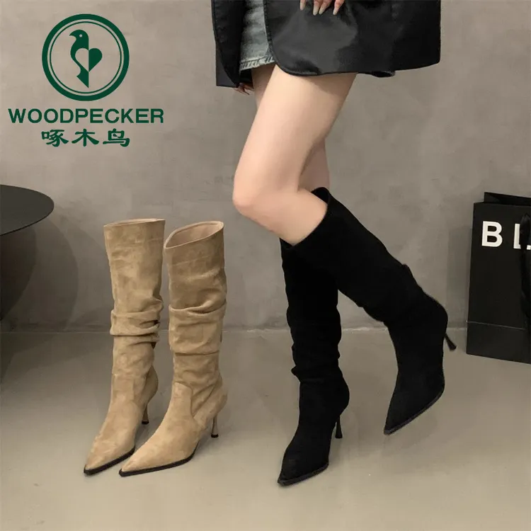 啄木鸟高跟瘦瘦靴长靴女鞋2024年秋冬新款绒面尖头堆堆靴长筒靴