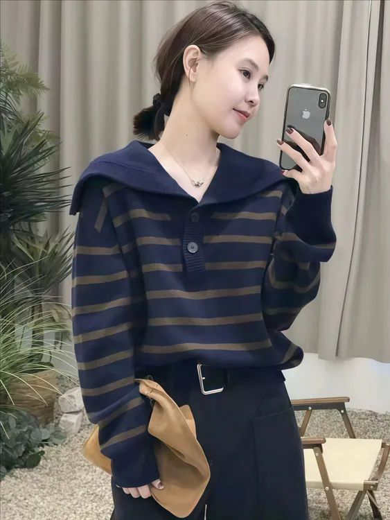 条纹翻领针织衫毛衣女款2025新款秋冬内搭绝美巨好看独特漂亮上衣