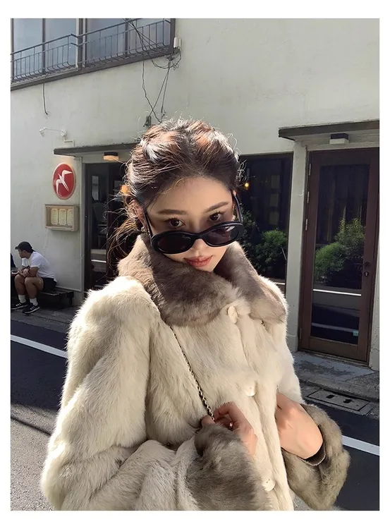小花家Vtg小兔加拿大草原兔毛翻领显瘦毛绒皮草外套女出游服装女
