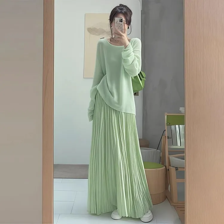 AMI.FS  开春穿搭一整套女新款漂亮多巴胺绿色上衣半身裙两件套潮