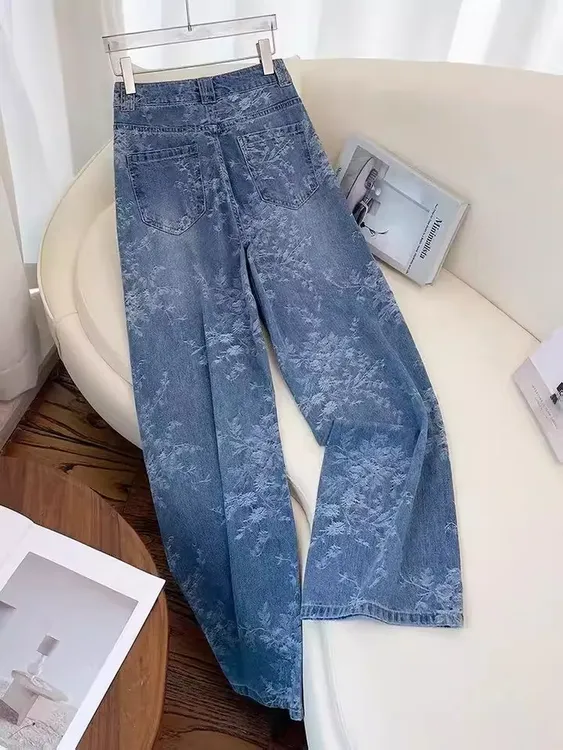 印花直筒牛仔裤女秋季新款显瘦宽松独特设计感阔腿裤子