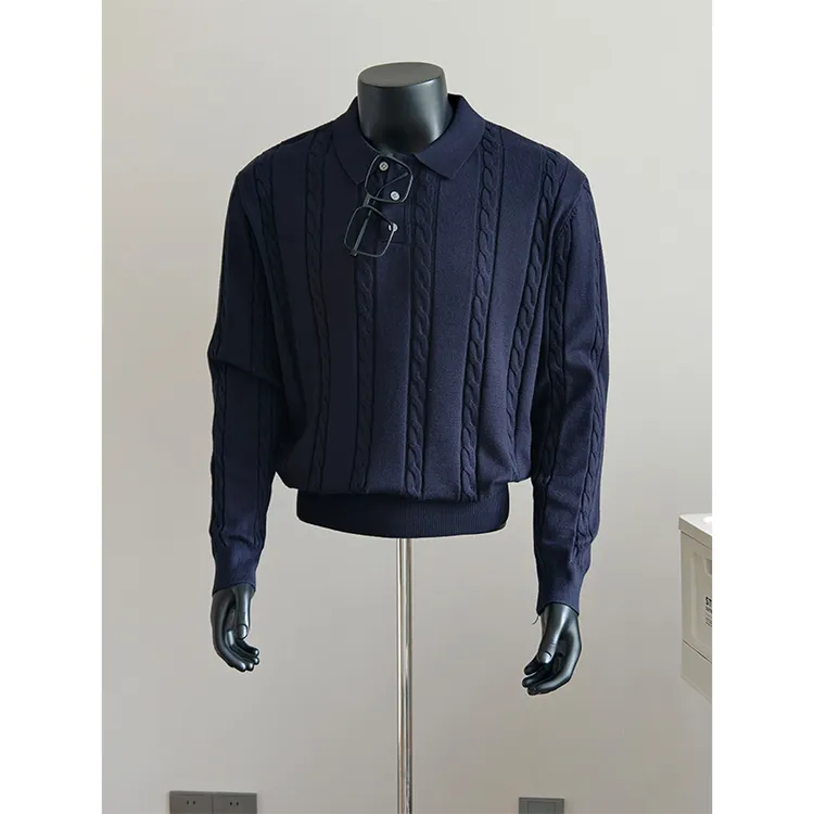 韩版潮流网红毛衣男士休闲翻领麻花纹针织衫轻奢polo领百搭打底衫