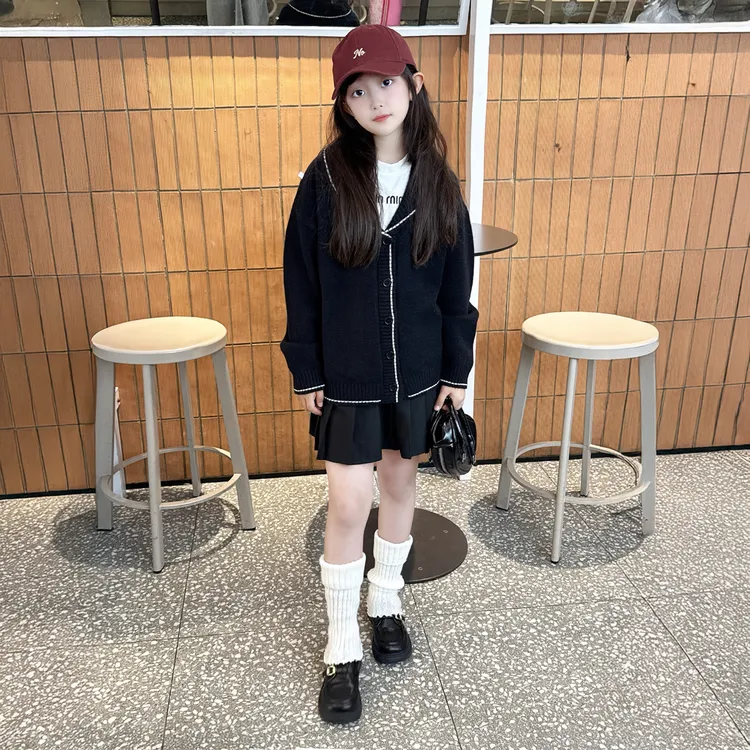 女童春秋外套2025新款儿童洋气休闲卡通猫咪印花开衫女孩韩版毛衣