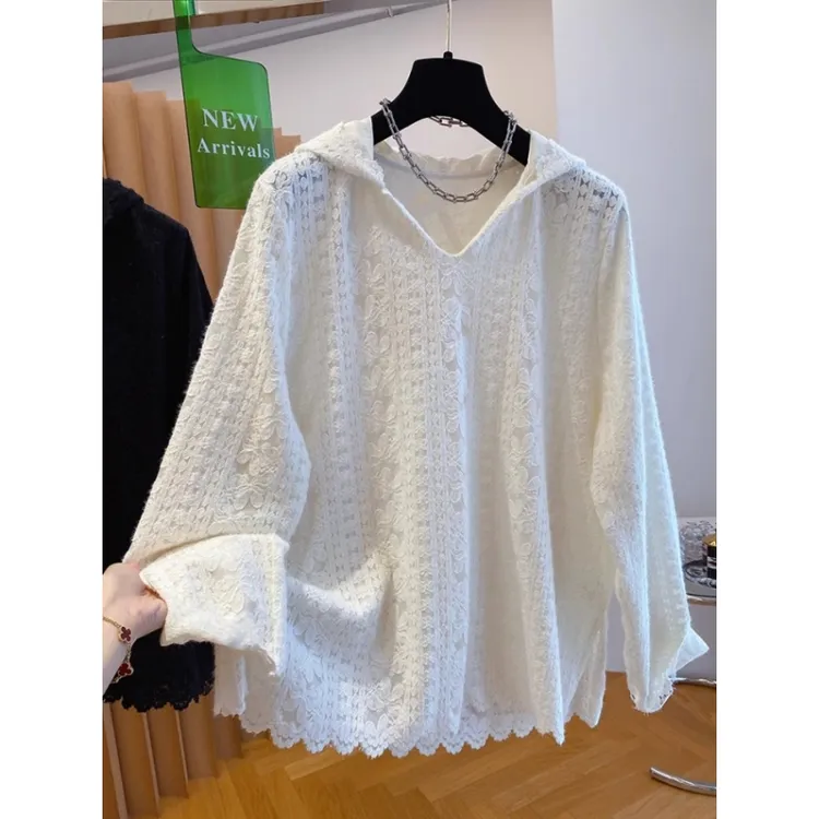 大码胖妹妹磨毛提花镂空蕾丝衫女春季新款宽松叠穿打底衫连帽上衣
