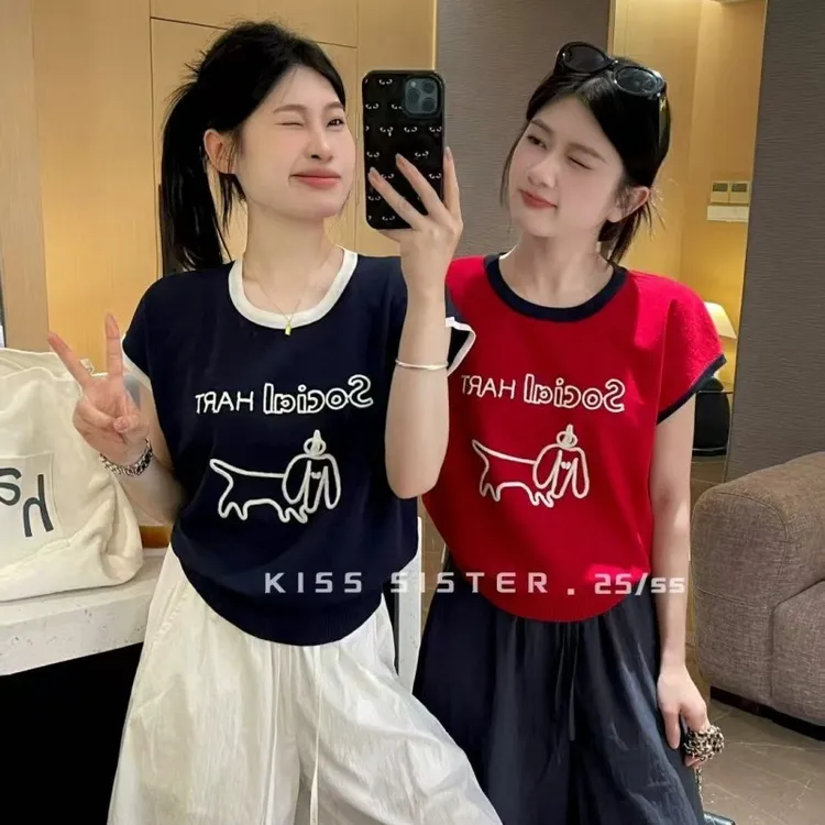 2025夏季新款KISS SISTER撞色刺绣卡通狗狗冰丝针织衫短袖休闲女