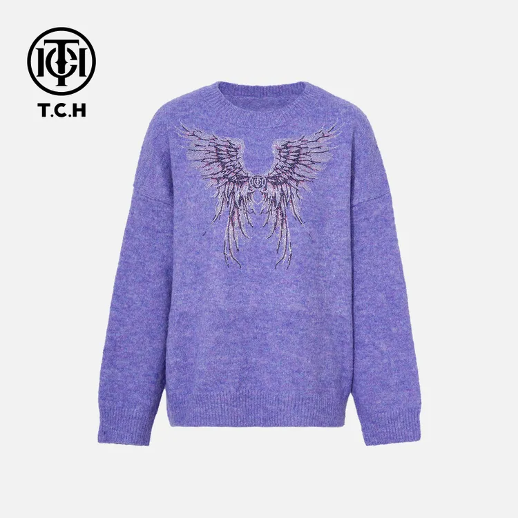 TCH私服冬款氛围感烫钻时尚淑女紫色针织衫女T75D09E1083轻奢tch