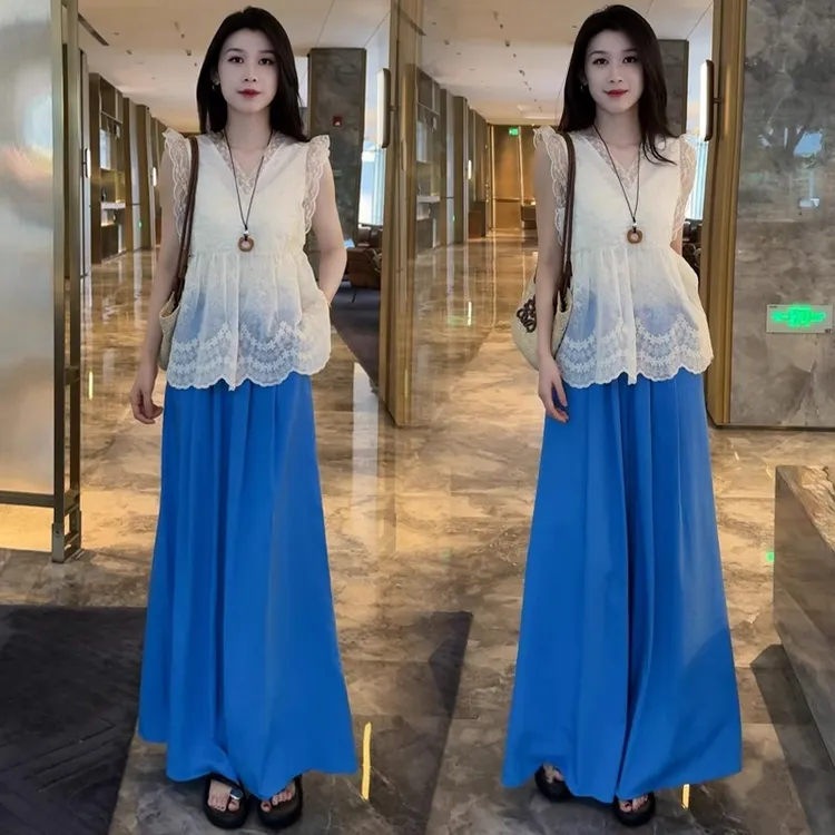 时尚洋气套装女2025夏季新款减龄蕾丝拼接无袖上衣阔腿裤两件套潮