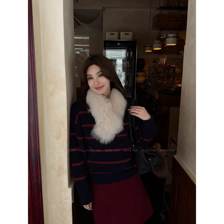 【墨纵】“100%绵羊毛"设计感撞色红蓝条纹拼接舒适长袖毛衣X6073