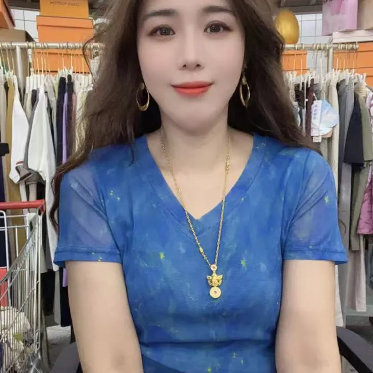 蓝色网纱V领t恤女装夏季薄款修身弹力洋气短袖上衣A2140