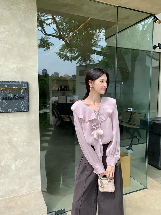 法式高级感V领荷叶边衬衫女秋季新款宽松显瘦长袖雪纺衫百搭上衣