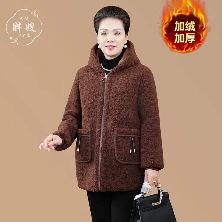 中老年女装冬季新款加绒加厚中长款毛呢外套妈妈冬装外套女装大衣