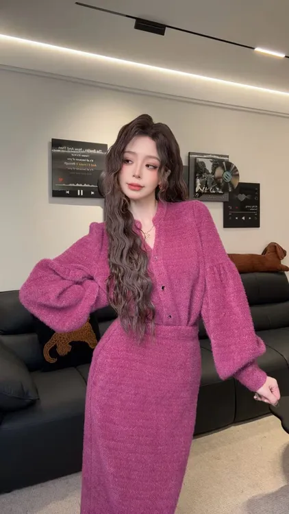 十一定制【梅子甜酒】气质v领金属扣灯笼袖雪尼尔显瘦套装 MDL023