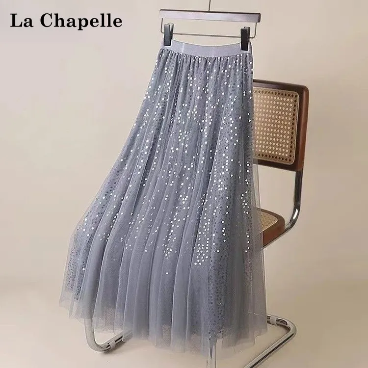 La Chapelle/拉夏贝尔星空网纱半身裙女款爆款亮片高腰白色a字裙