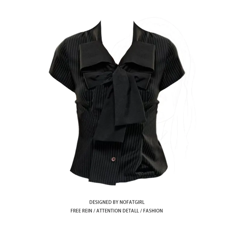 大码胖妹妹日落公园艺术系女孩黑色条纹学院蝴蝶领结短袖衬衫女夏