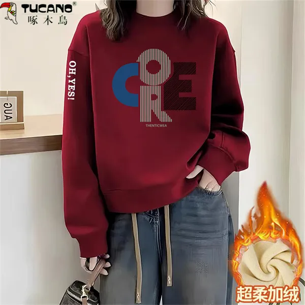【啄木鳥】纯棉长袖加绒加厚卫衣女秋冬新款韩版时尚圆领女保暖显瘦