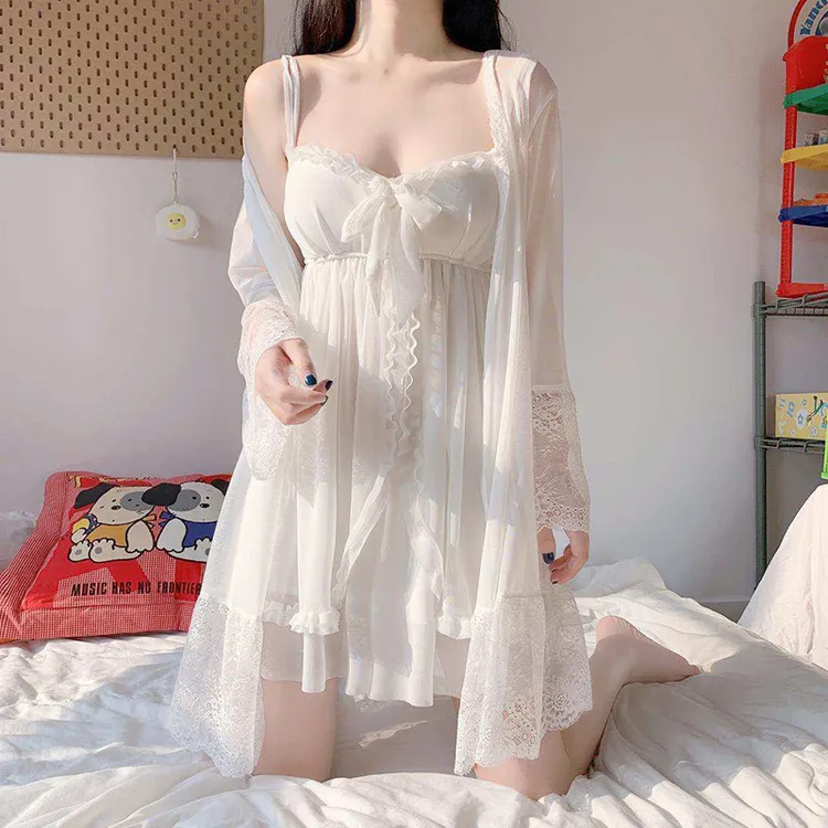 吊带睡裙带胸垫蕾丝睡袍夏睡衣女士家居服两件套装可外穿现货批发