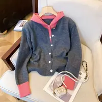 灰色连帽假两件针织开衫女春秋上衣撞色韩系穿搭小个子毛衣外套