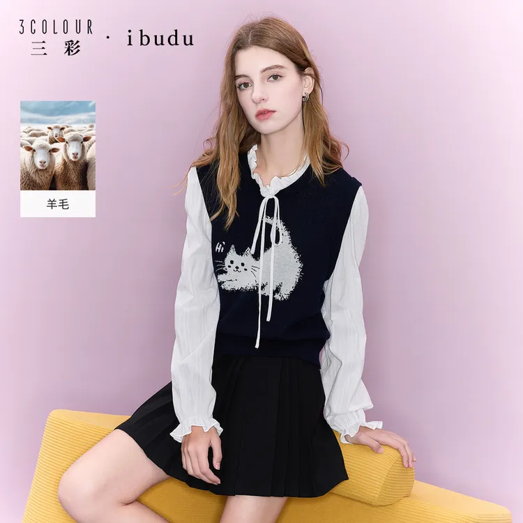 三彩ibudu2025冬季新款假两件针织衫系带动物图案毛衫套头休闲女