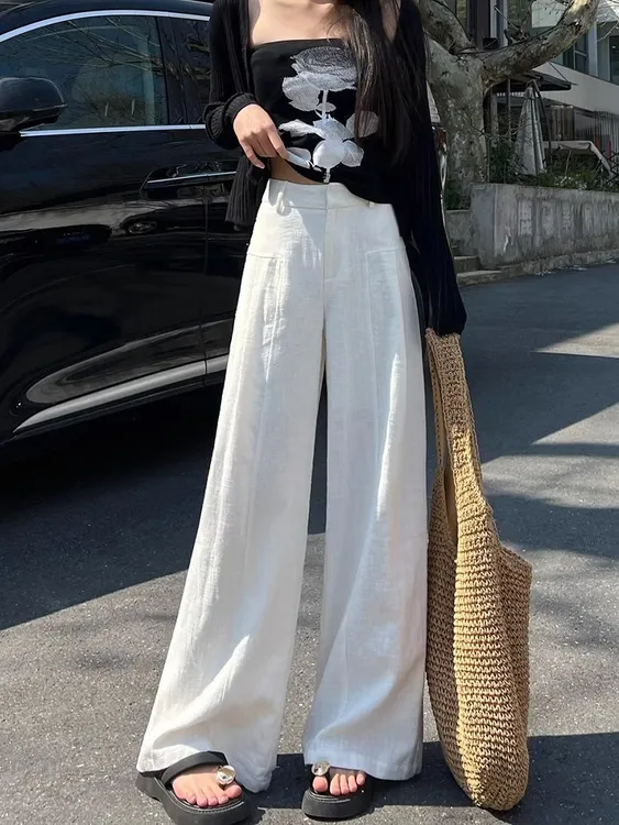 白色亚麻阔腿裤女夏季薄款高腰垂感老钱风西装直筒长裤宽松休闲裤