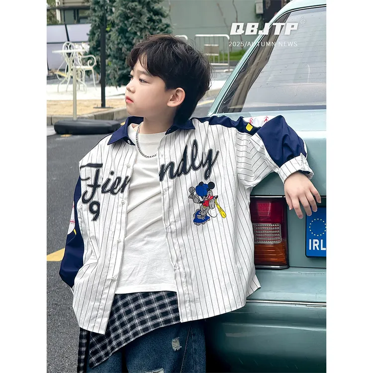 Q宝家童品9月新款 男童长袖衬衫儿童秋冬美式棒球衬衣休闲上衣潮